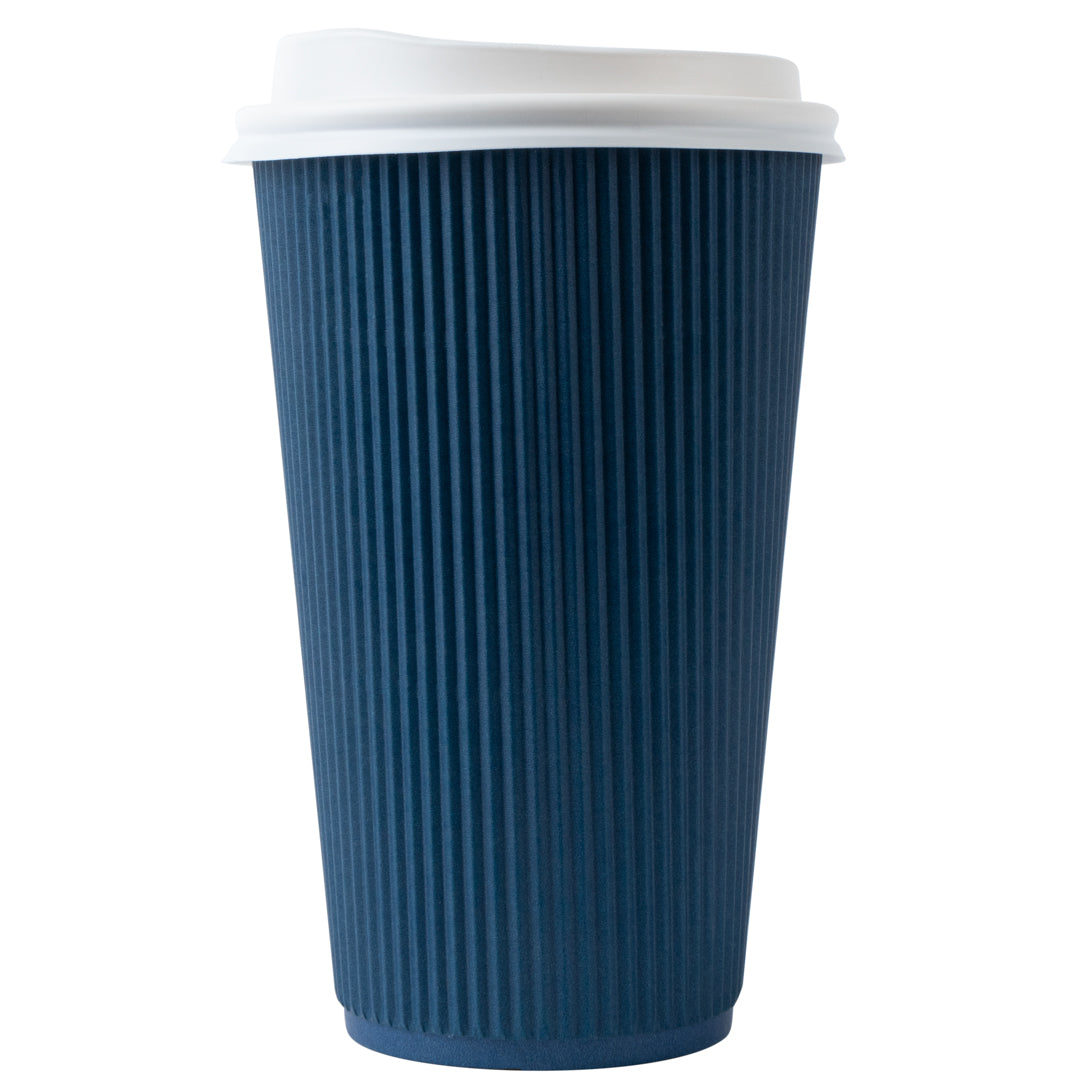 Restpresso 16 oz Midnight Blue Paper Ripple Wall Coffee Cup - with White Lid - 3 1/2" x 3 1/2" x 6 1/4" - 200 count box