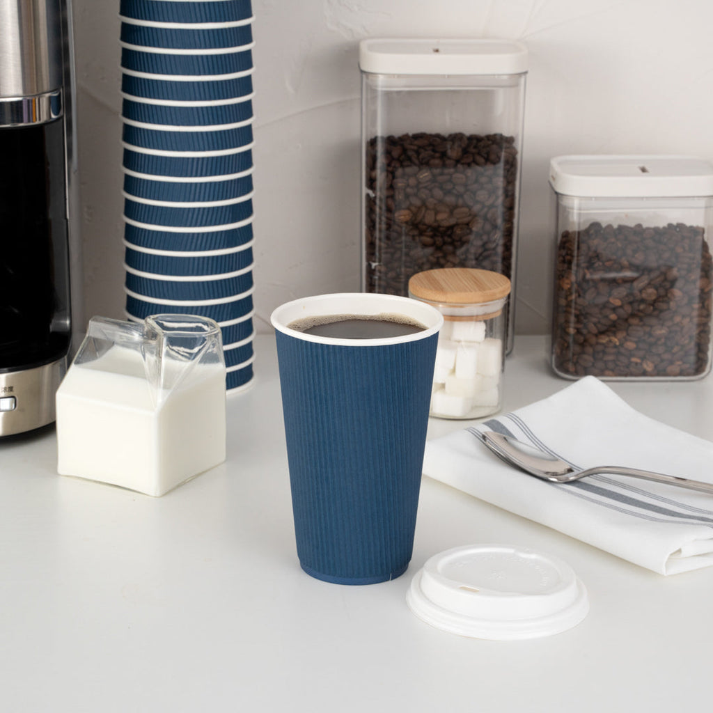 Restpresso 16 oz Midnight Blue Paper Ripple Wall Coffee Cup - with White Lid - 3 1/2" x 3 1/2" x 6 1/4" - 200 count box