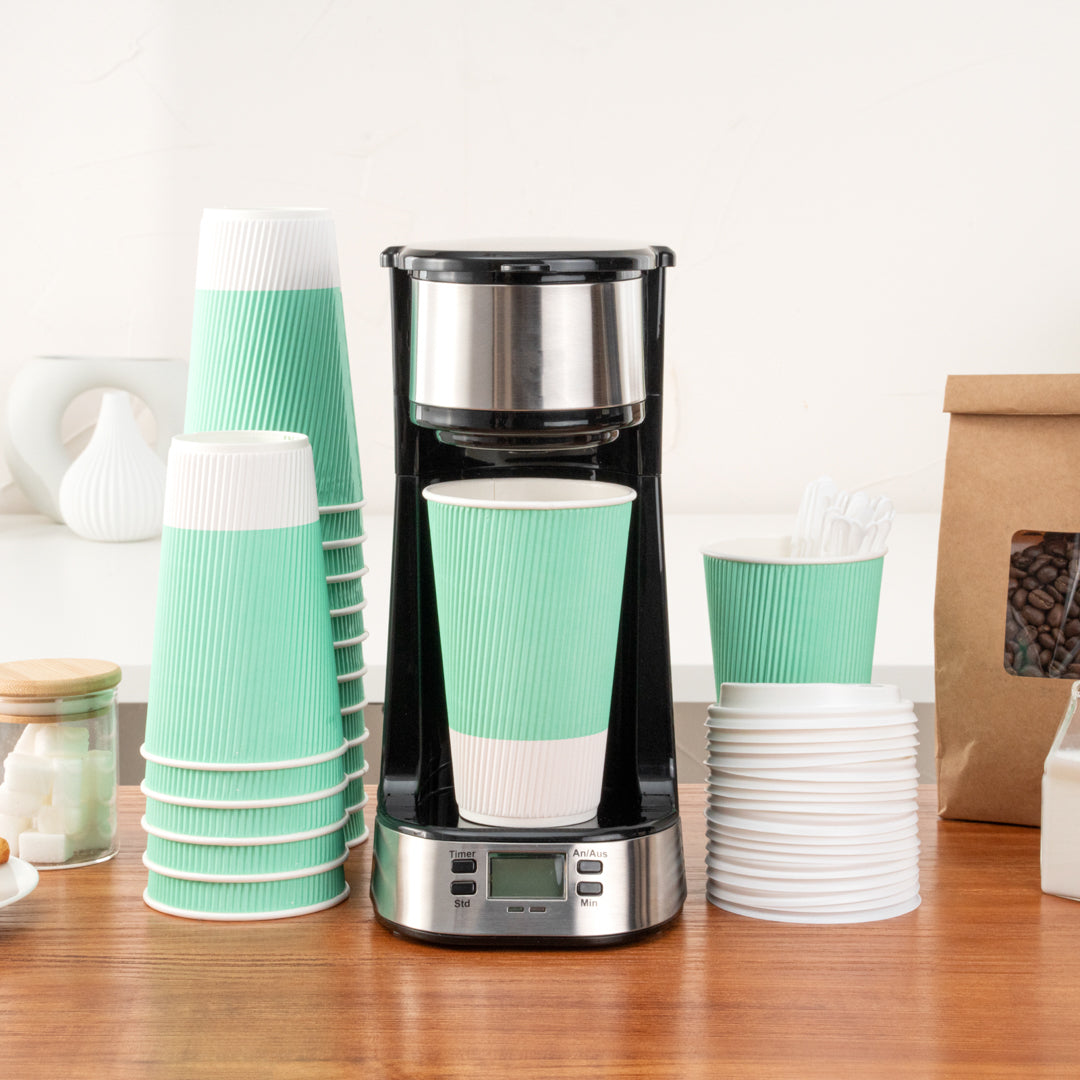 Restpresso 16 oz Light Green Paper Ripple Wall Coffee Cup - with White Lid - 3 1/2" x 3 1/2" x 6 1/4" - 20 count box