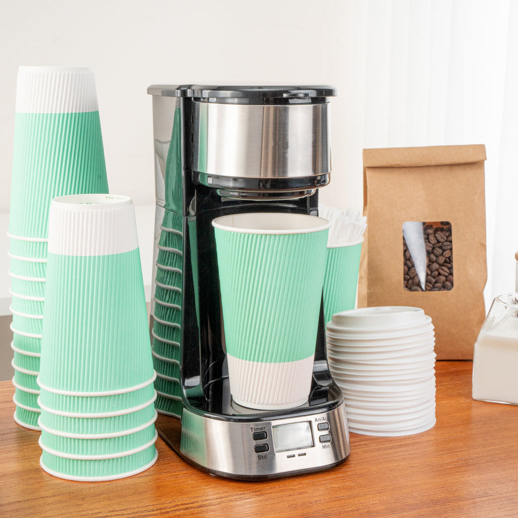 Restpresso 16 oz Light Green Paper Ripple Wall Coffee Cup - with White Lid - 3 1/2" x 3 1/2" x 6 1/4" - 20 count box