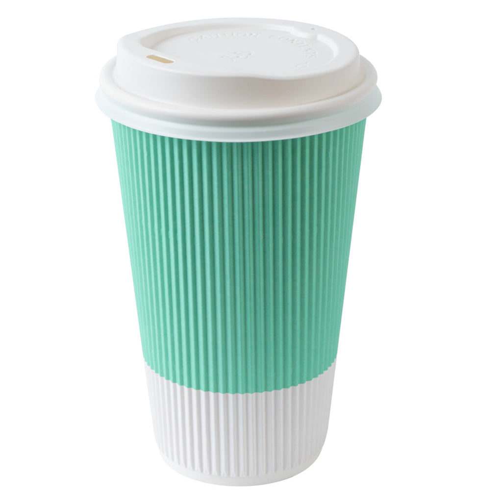 Restpresso 16 oz Light Green Paper Ripple Wall Coffee Cup - with White Lid - 3 1/2" x 3 1/2" x 6 1/4" - 200 count box