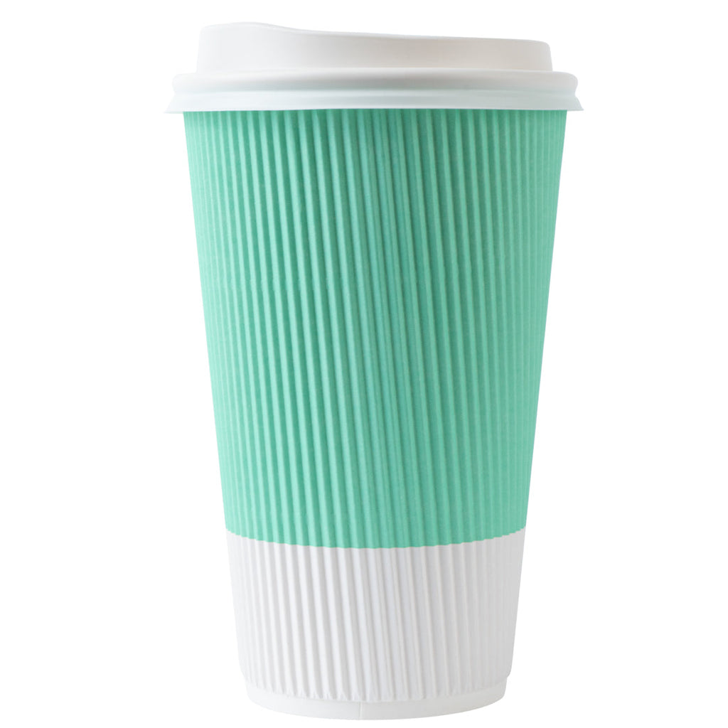 Restpresso 16 oz Light Green Paper Ripple Wall Coffee Cup - with White Lid - 3 1/2" x 3 1/2" x 6 1/4" - 200 count box