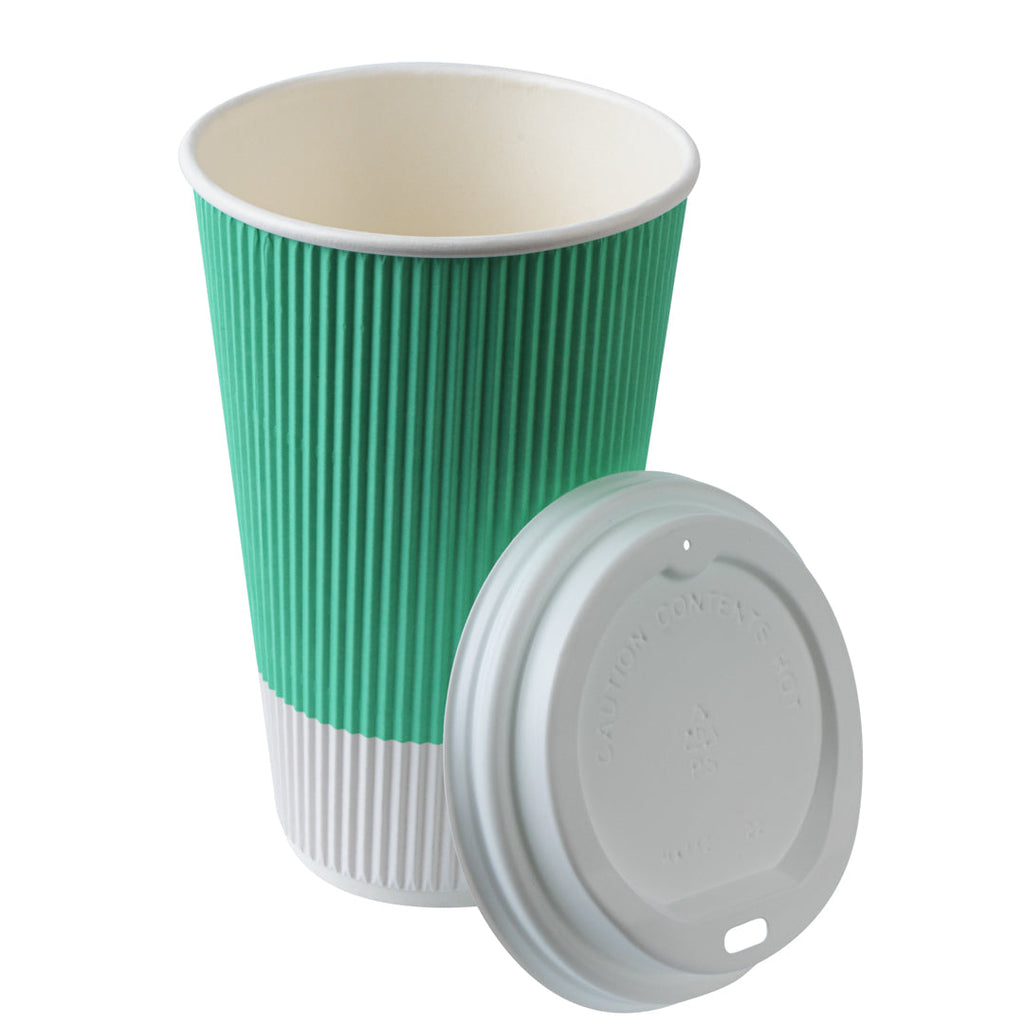 Restpresso 16 oz Light Green Paper Ripple Wall Coffee Cup - with White Lid - 3 1/2" x 3 1/2" x 6 1/4" - 200 count box