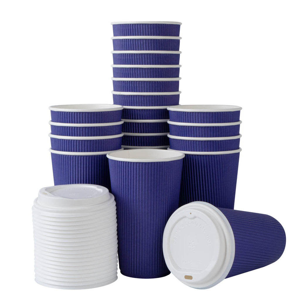 Restpresso 16 oz Royal Purple Paper Ripple Wall Coffee Cup - with White Lid - 3 1/2" x 3 1/2" x 6 1/4" - 20 count box