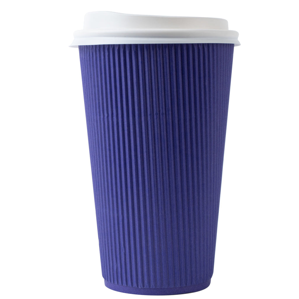 Restpresso 16 oz Royal Purple Paper Ripple Wall Coffee Cup - with White Lid - 3 1/2" x 3 1/2" x 6 1/4" - 20 count box