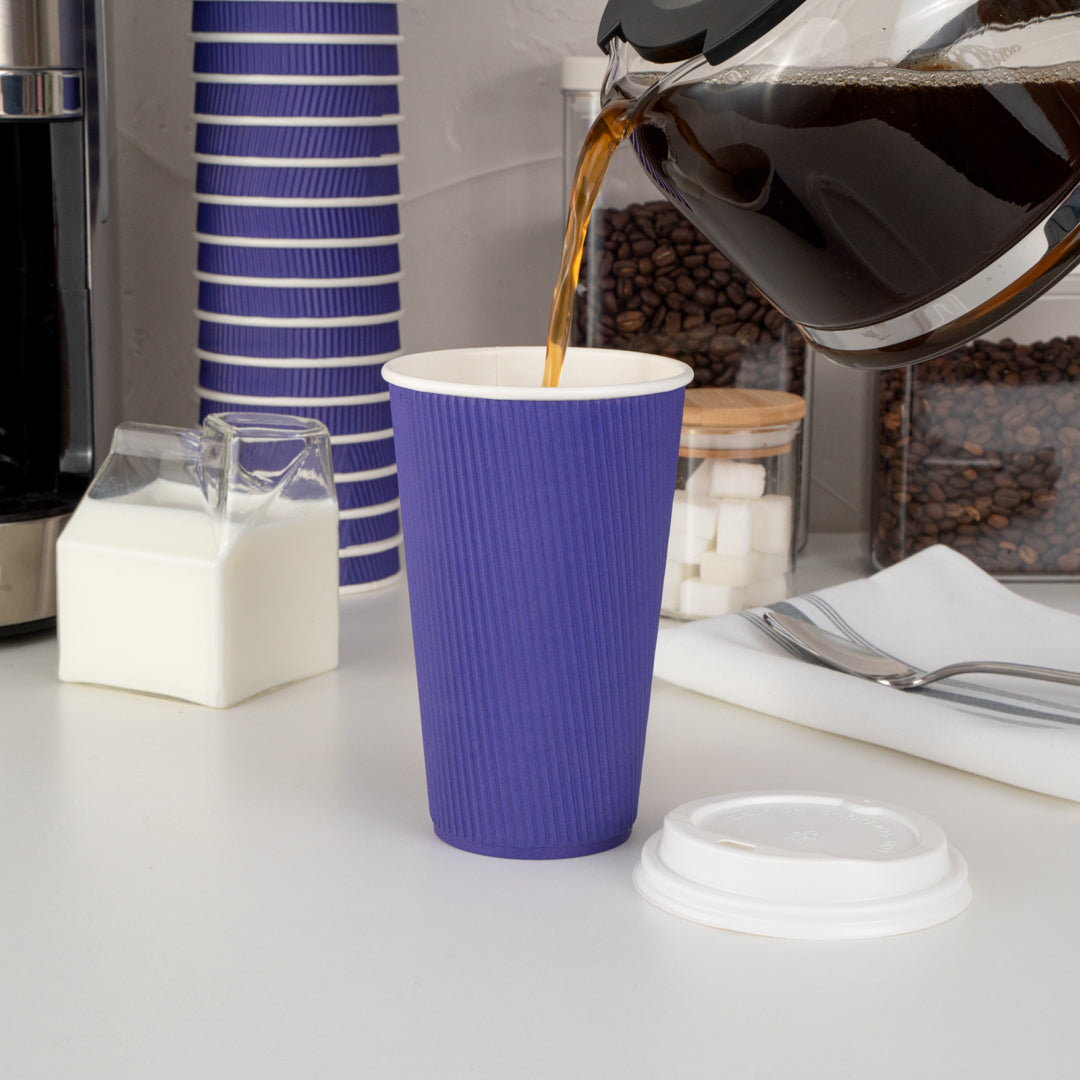 Restpresso 16 oz Royal Purple Paper Ripple Wall Coffee Cup - with White Lid - 3 1/2" x 3 1/2" x 6 1/4" - 20 count box