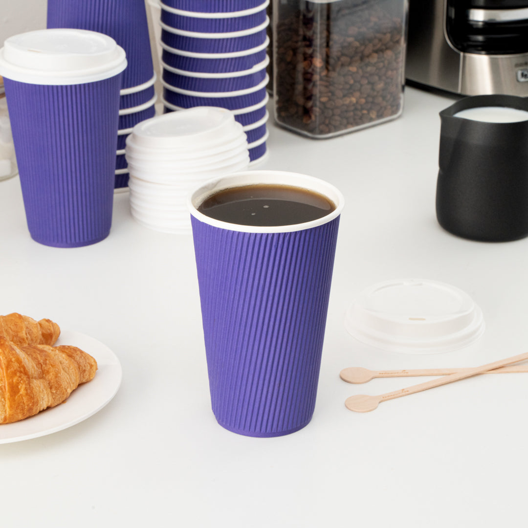 Restpresso 16 oz Royal Purple Paper Ripple Wall Coffee Cup - with White Lid - 3 1/2" x 3 1/2" x 6 1/4" - 20 count box