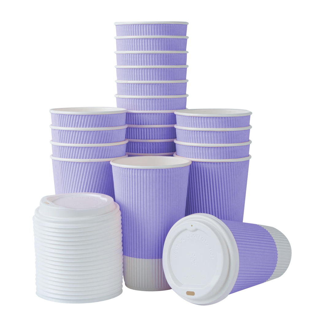 Restpresso 16 oz Light Purple Paper Ripple Wall Coffee Cup - with White Lid - 3 1/2" x 3 1/2" x 6 1/4" - 20 count box