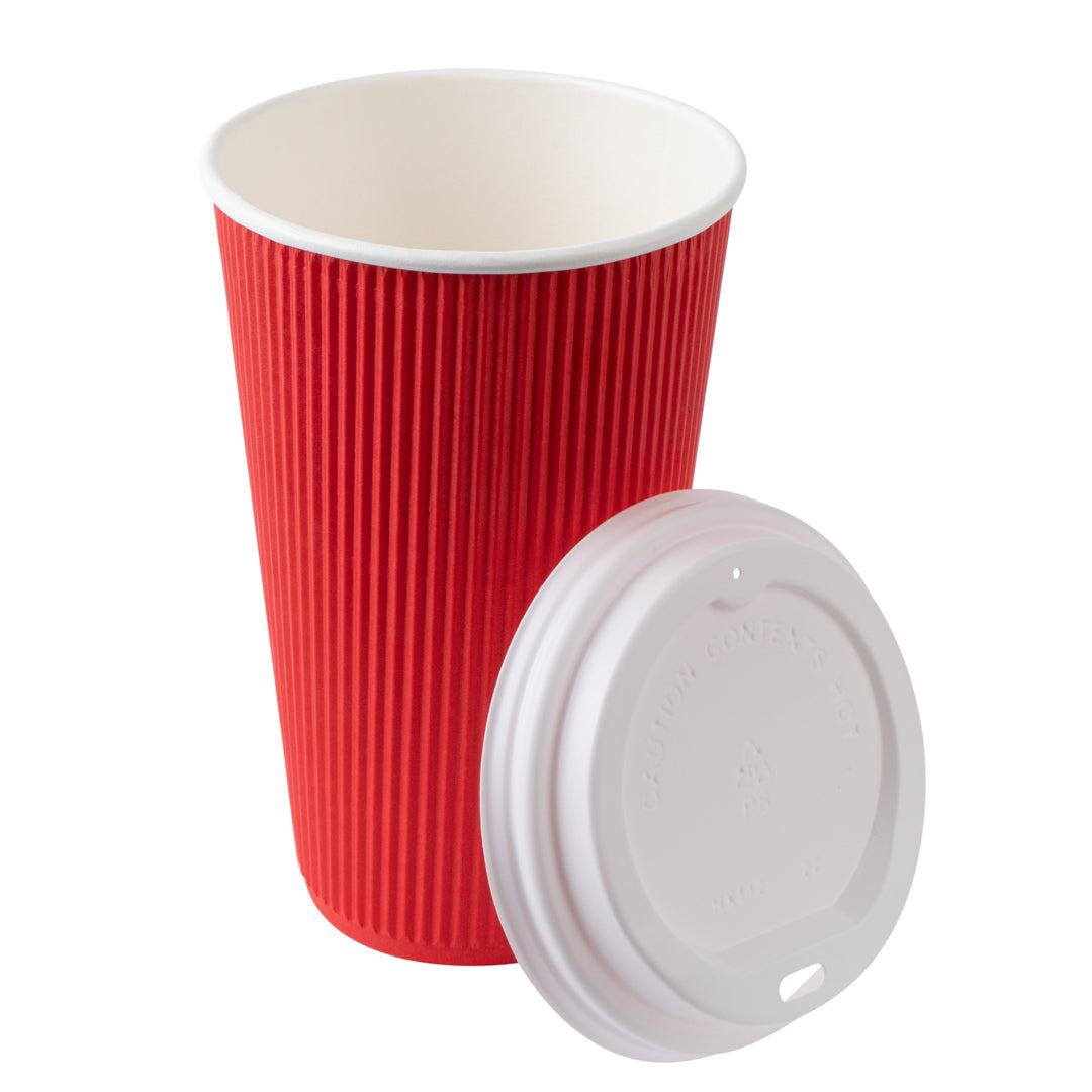 Restpresso 16 oz Red Paper Ripple Wall Coffee Cup - with White Lid - 3 1/2" x 3 1/2" x 6 1/4" - 20 count box