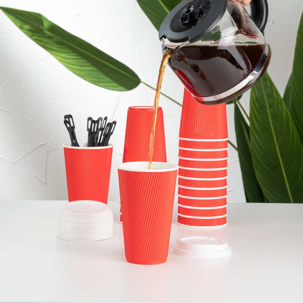 Restpresso 16 oz Red Paper Ripple Wall Coffee Cup - with White Lid - 3 1/2" x 3 1/2" x 6 1/4" - 20 count box
