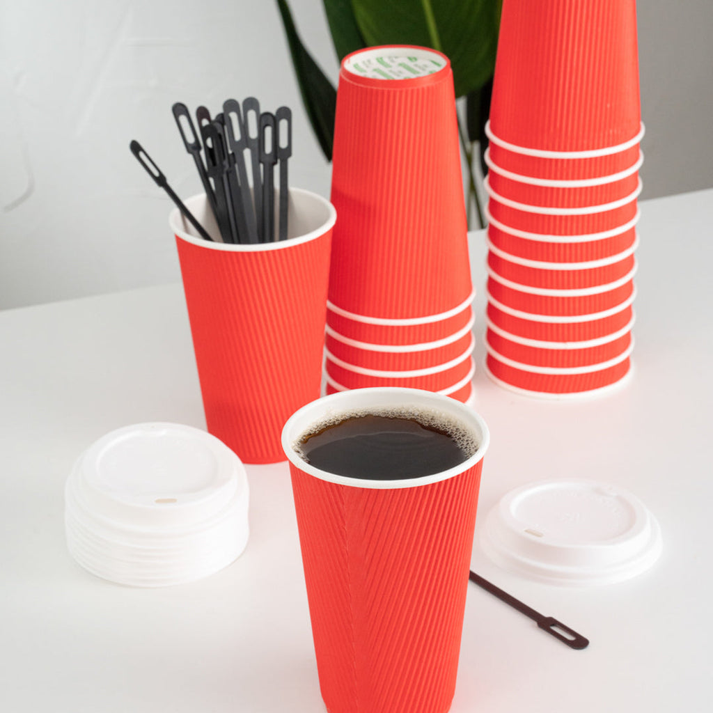 Restpresso 16 oz Red Paper Ripple Wall Coffee Cup - with White Lid - 3 1/2" x 3 1/2" x 6 1/4" - 20 count box