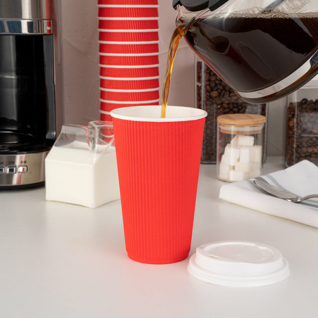 Restpresso 16 oz Red Paper Ripple Wall Coffee Cup - with White Lid - 3 1/2" x 3 1/2" x 6 1/4" - 200 count box