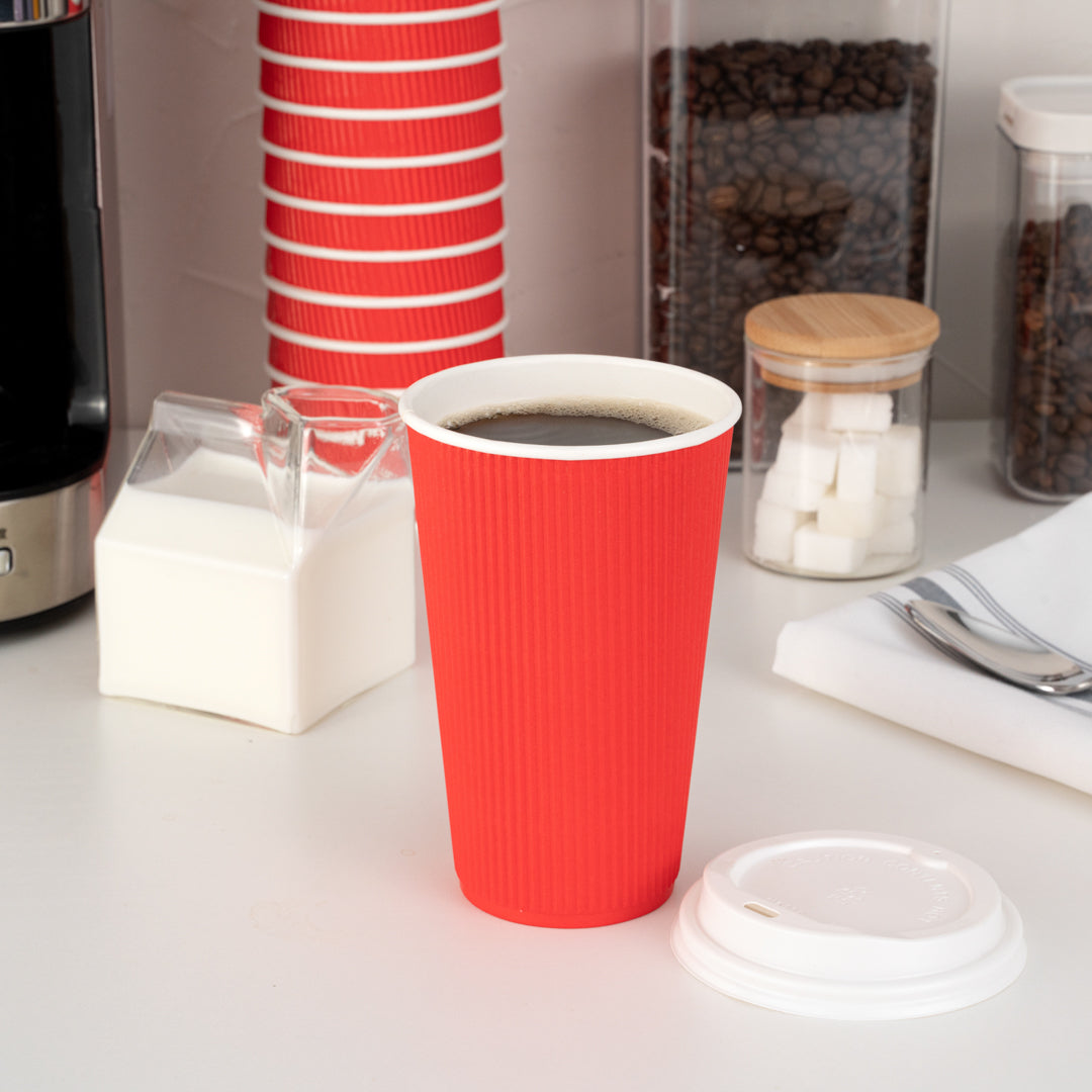 Restpresso 16 oz Red Paper Ripple Wall Coffee Cup - with White Lid - 3 1/2" x 3 1/2" x 6 1/4" - 200 count box