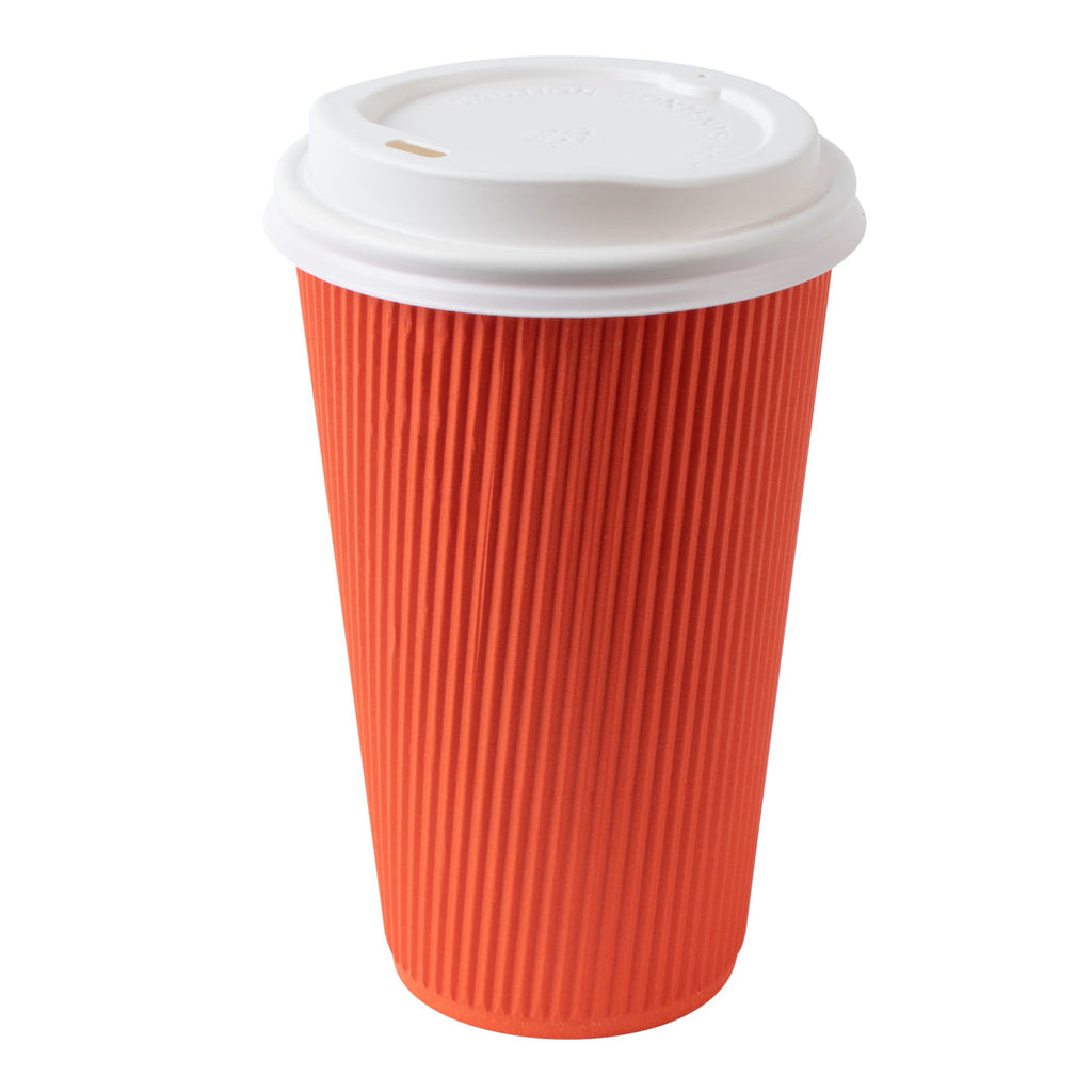 Restpresso 16 oz Tangerine Orange Paper Ripple Wall Coffee Cup - with White Lid - 3 1/2" x 3 1/2" x 6 1/4" - 20 count box