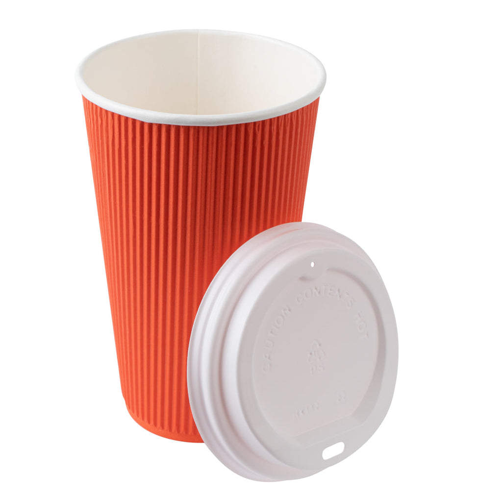 Restpresso 16 oz Tangerine Orange Paper Ripple Wall Coffee Cup - with White Lid - 3 1/2" x 3 1/2" x 6 1/4" - 20 count box
