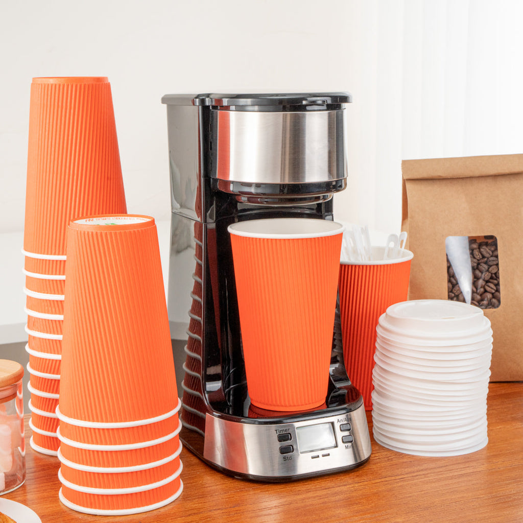 Restpresso 16 oz Tangerine Orange Paper Ripple Wall Coffee Cup - with White Lid - 3 1/2" x 3 1/2" x 6 1/4" - 200 count box