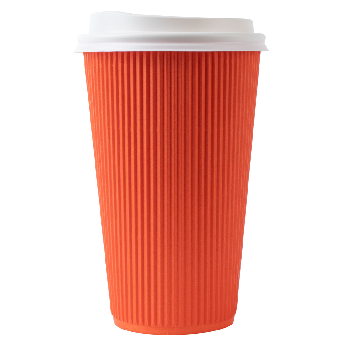 Restpresso 16 oz Tangerine Orange Paper Ripple Wall Coffee Cup - with White Lid - 3 1/2" x 3 1/2" x 6 1/4" - 200 count box