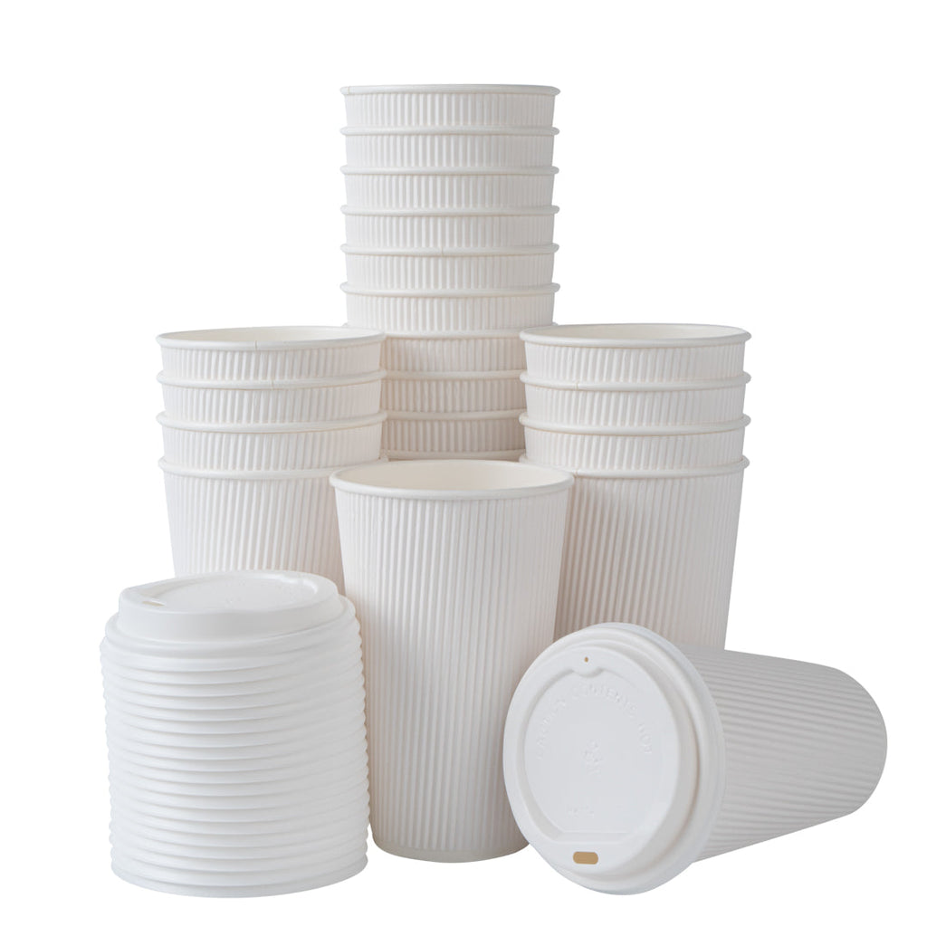 Restpresso 16 oz White Paper Ripple Wall Coffee Cup - with White Lid - 3 1/2" x 3 1/2" x 6 1/4" - 200 count box
