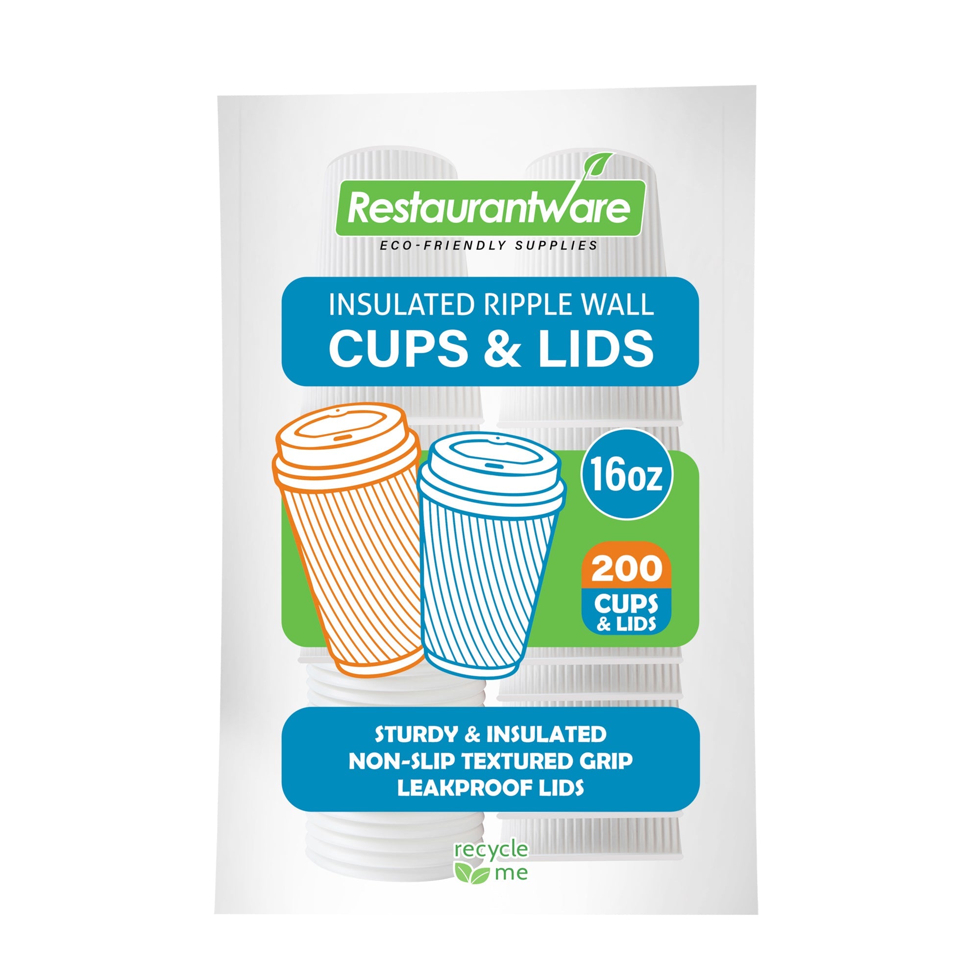 Restpresso 16 oz White Paper Ripple Wall Coffee Cup - with White Lid - 3 1/2" x 3 1/2" x 6 1/4" - 200 count box