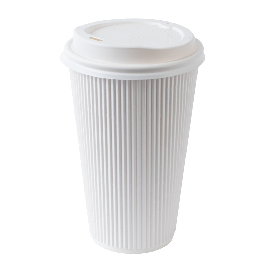 Restpresso 16 oz White Paper Ripple Wall Coffee Cup - with White Lid - 3 1/2" x 3 1/2" x 6 1/4" - 20 count box