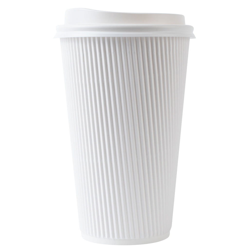 Restpresso 16 oz White Paper Ripple Wall Coffee Cup - with White Lid - 3 1/2" x 3 1/2" x 6 1/4" - 20 count box