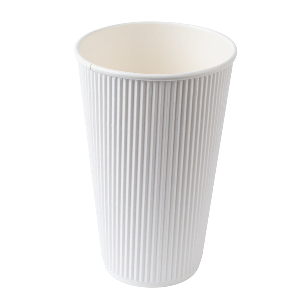 Restpresso 16 oz White Paper Ripple Wall Coffee Cup - with White Lid - 3 1/2" x 3 1/2" x 6 1/4" - 20 count box