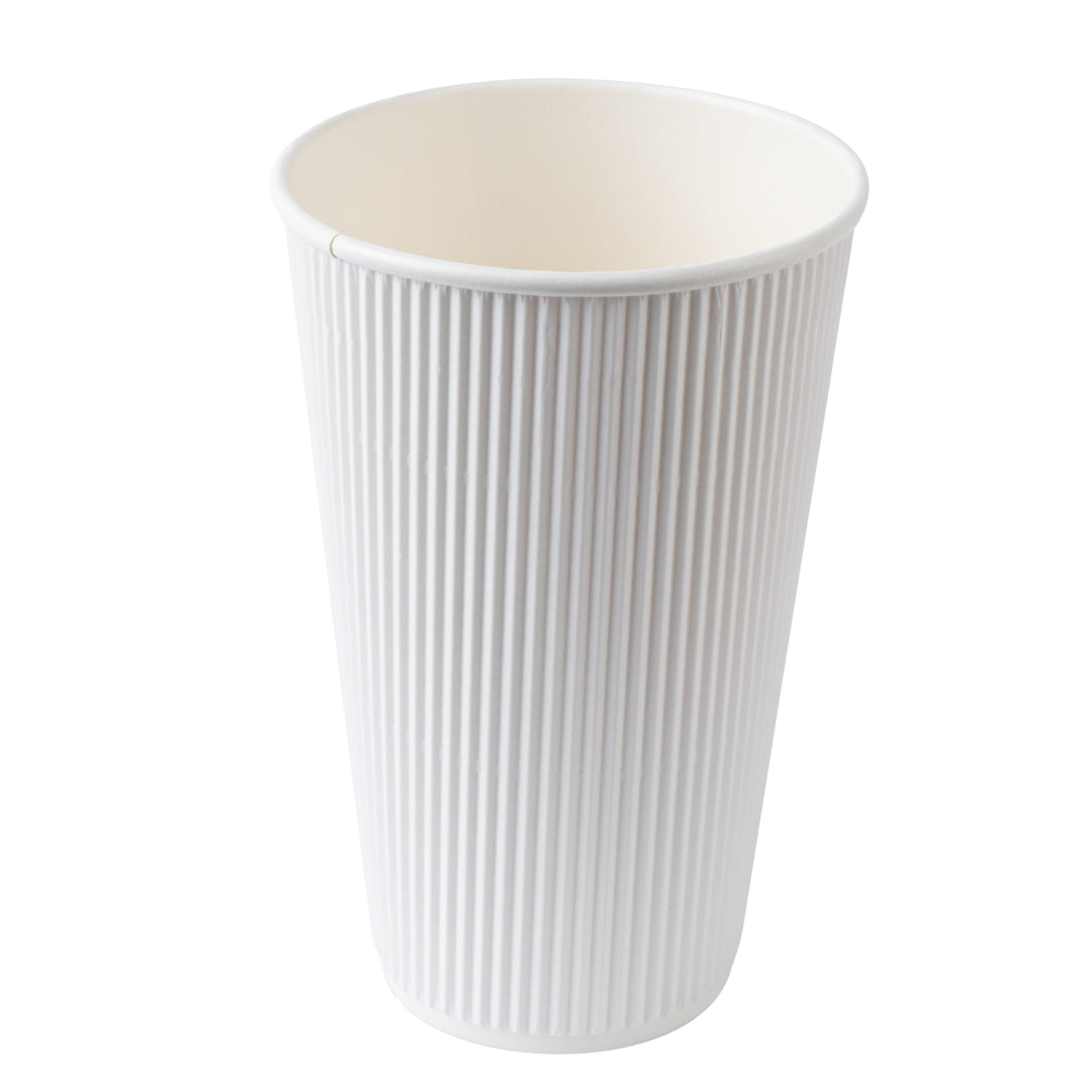 Restpresso 16 oz White Paper Ripple Wall Coffee Cup - with White Lid - 3 1/2" x 3 1/2" x 6 1/4" - 20 count box