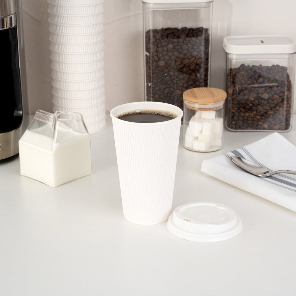 Restpresso 16 oz White Paper Ripple Wall Coffee Cup - with White Lid - 3 1/2" x 3 1/2" x 6 1/4" - 20 count box