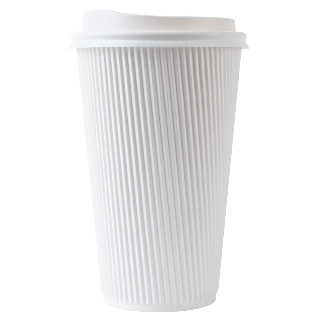 Restpresso 16 oz White Paper Ripple Wall Coffee Cup - with White Lid - 3 1/2" x 3 1/2" x 6 1/4" - 200 count box