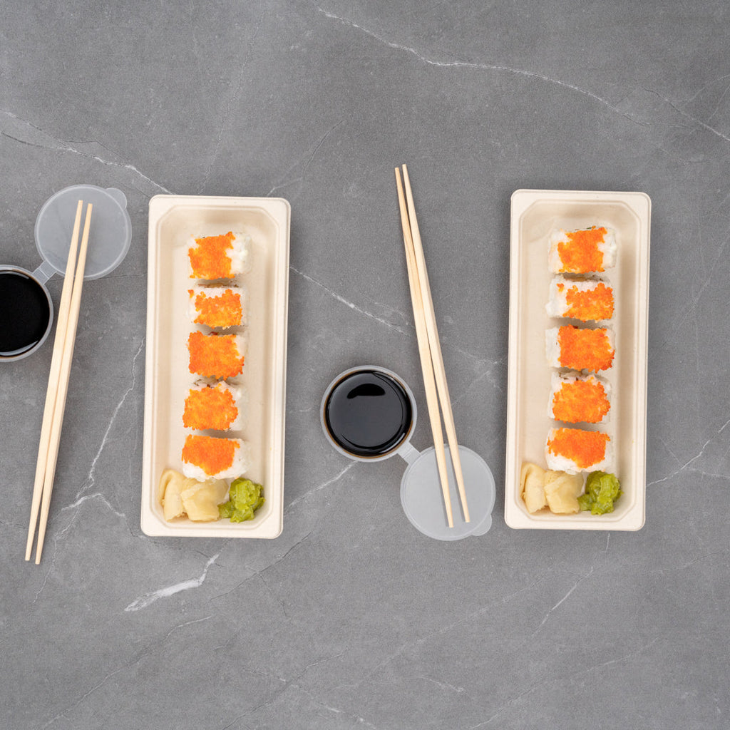 Pulp Tek Rectangle Natural Sugarcane / Bagasse Long Sushi Tray - 8 3/4" x 3 1/2" x 3/4" - 100 count box