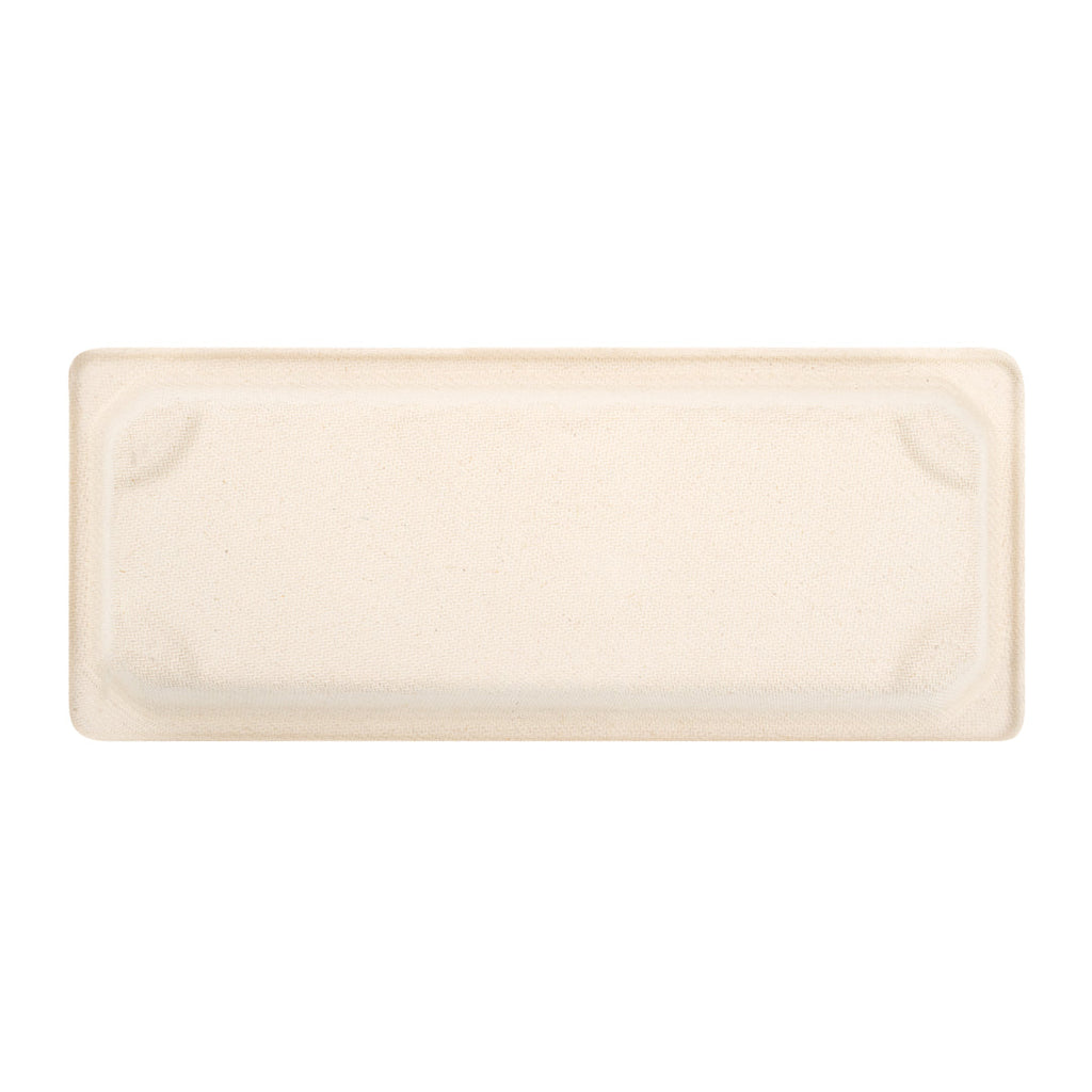 Pulp Tek Rectangle Natural Sugarcane / Bagasse Long Sushi Tray - 8 3/4" x 3 1/2" x 3/4" - 100 count box