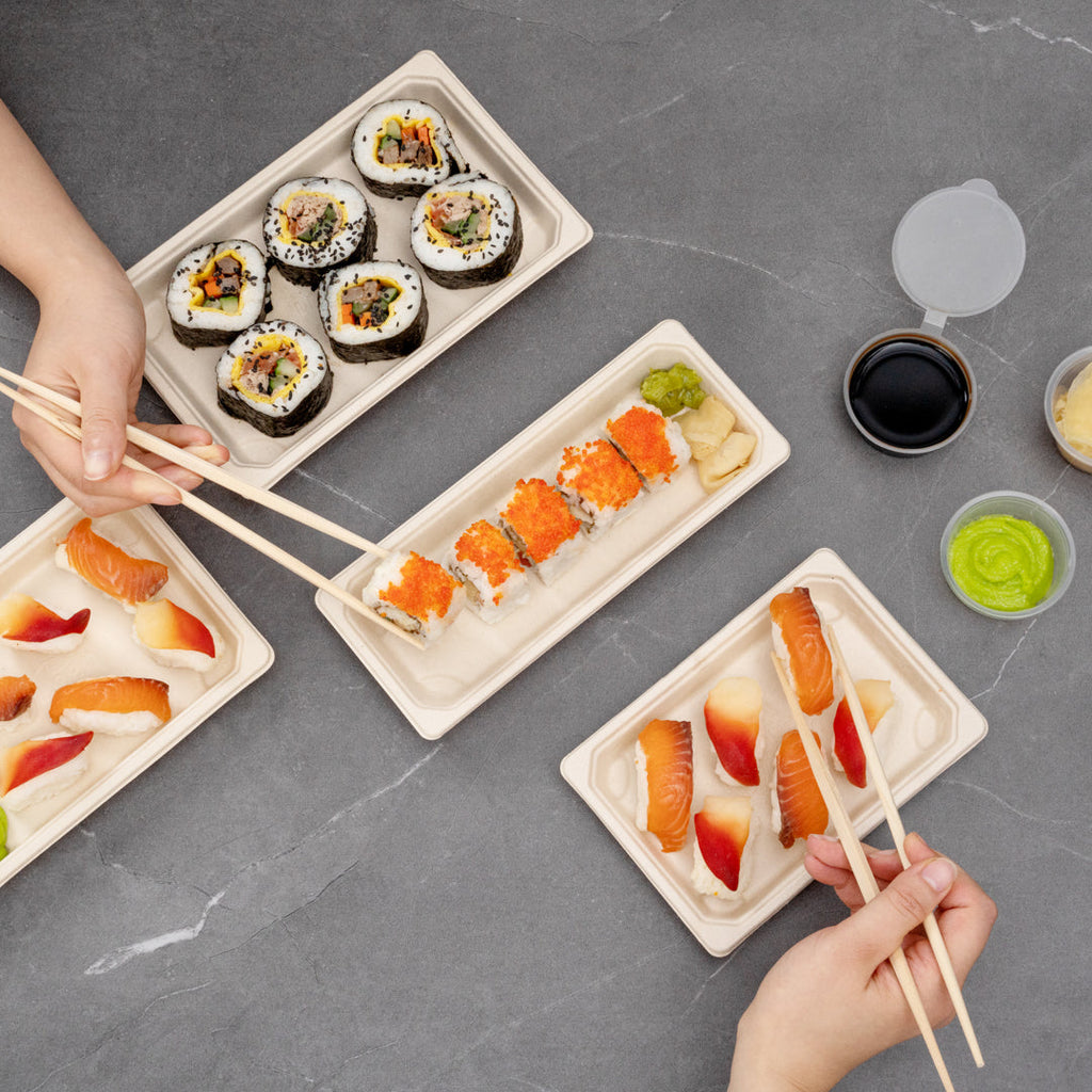 Pulp Tek Rectangle Natural Sugarcane / Bagasse Long Sushi Tray - 8 3/4" x 3 1/2" x 3/4" - 100 count box