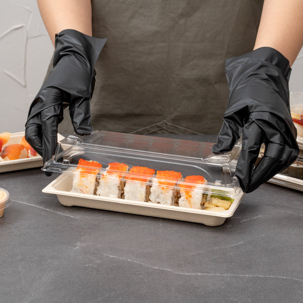 Pulp Tek Rectangle Clear Plastic Lid - Fits Long Sushi Tray - 8 3/4" x 3 3/4" x 1 1/4" - 100 count box