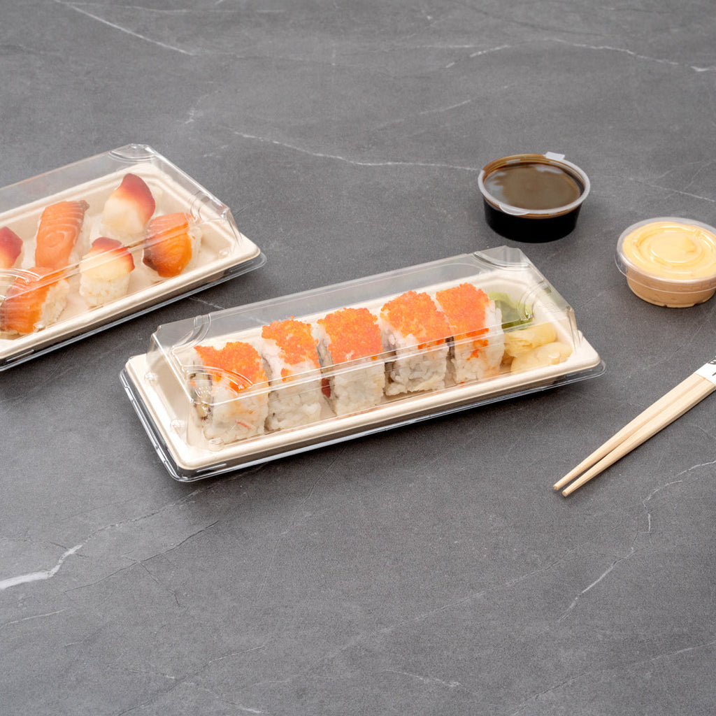 Pulp Tek Rectangle Clear Plastic Lid - Fits Long Sushi Tray - 8 3/4" x 3 3/4" x 1 1/4" - 100 count box