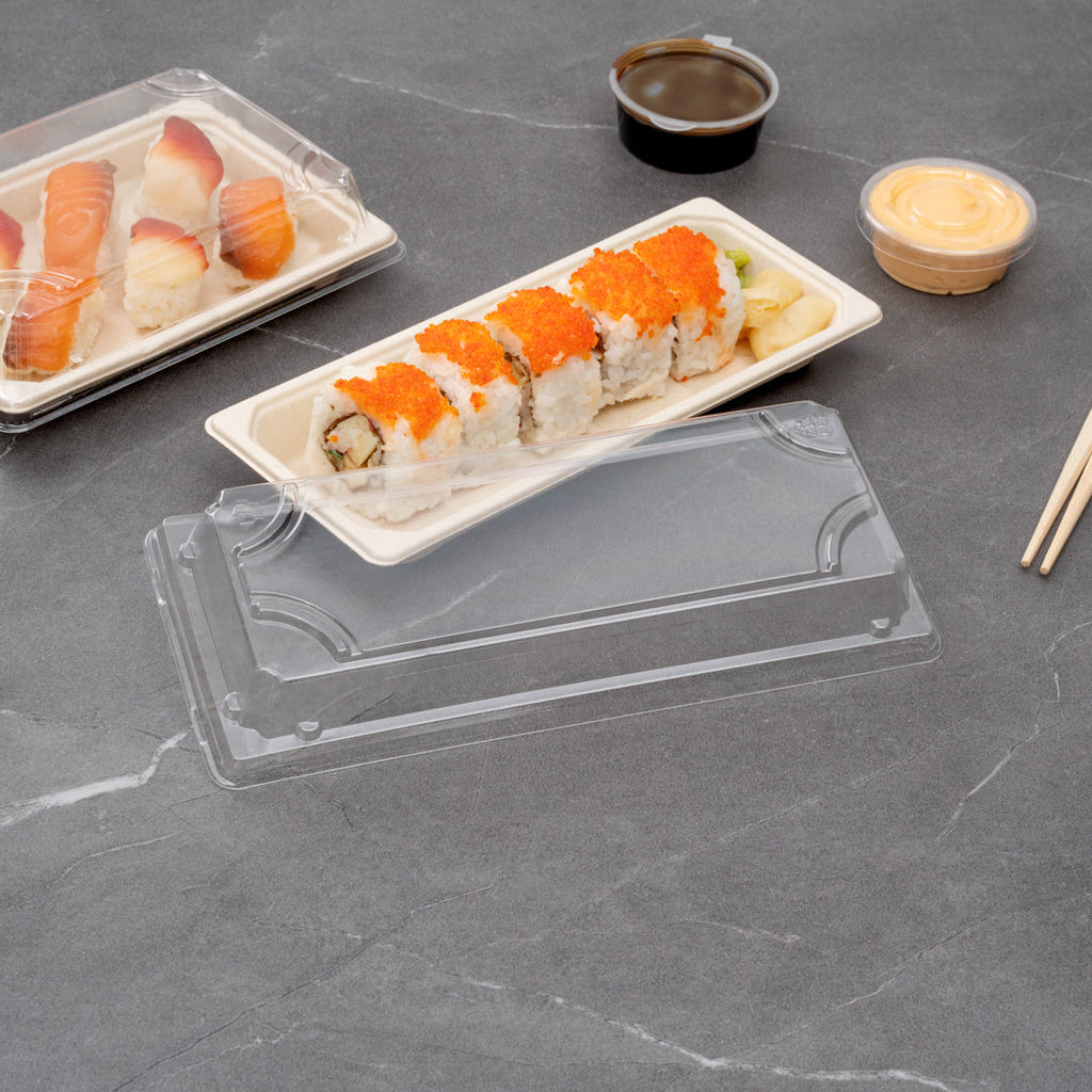 Pulp Tek Rectangle Clear Plastic Lid - Fits Long Sushi Tray - 8 3/4" x 3 3/4" x 1 1/4" - 100 count box