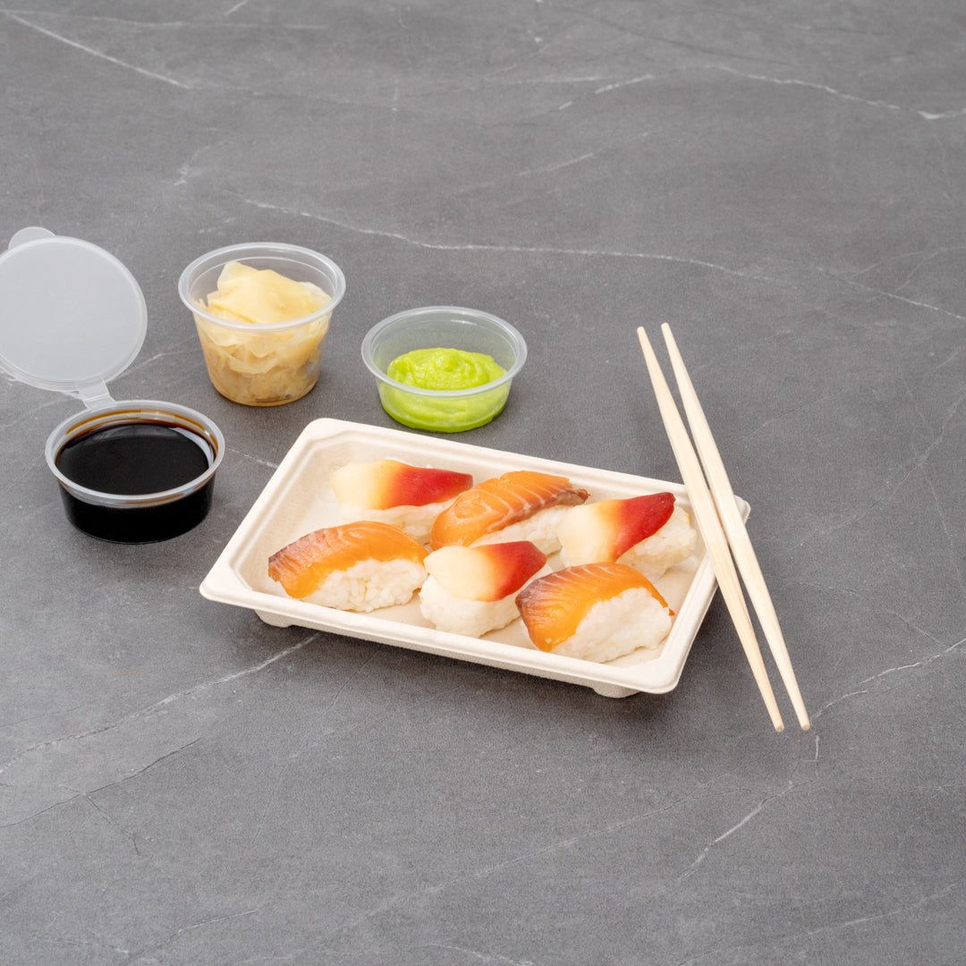 Pulp Tek Rectangle Natural Sugarcane / Bagasse Small Sushi Tray - 6 1/2" x 4 1/2" x 3/4" - 100 count box
