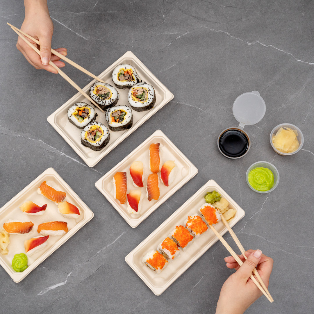 Pulp Tek Rectangle Natural Sugarcane / Bagasse Small Sushi Tray - 6 1/2" x 4 1/2" x 3/4" - 100 count box