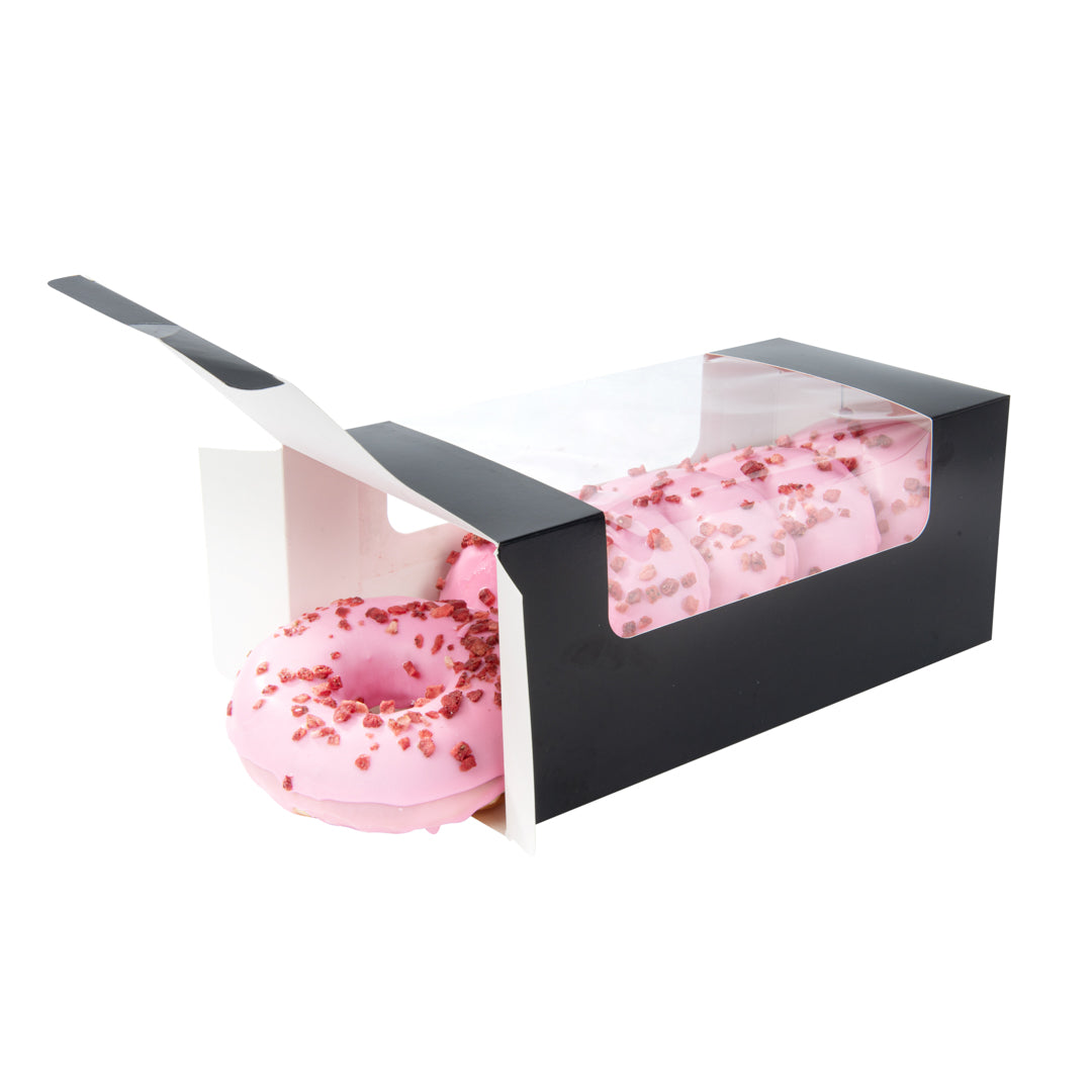 Pastry Tek Black Paper Pastry / Cake Box - with Window - 9 3/4" x 4 3/4" x 4" - 100 count box