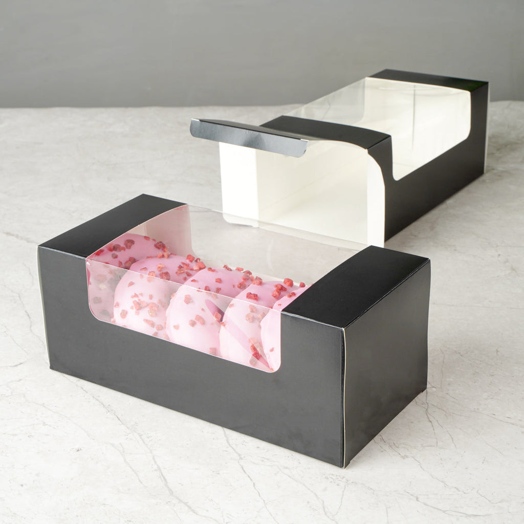 Pastry Tek Black Paper Pastry / Cake Box - with Window - 9 3/4" x 4 3/4" x 4" - 100 count box