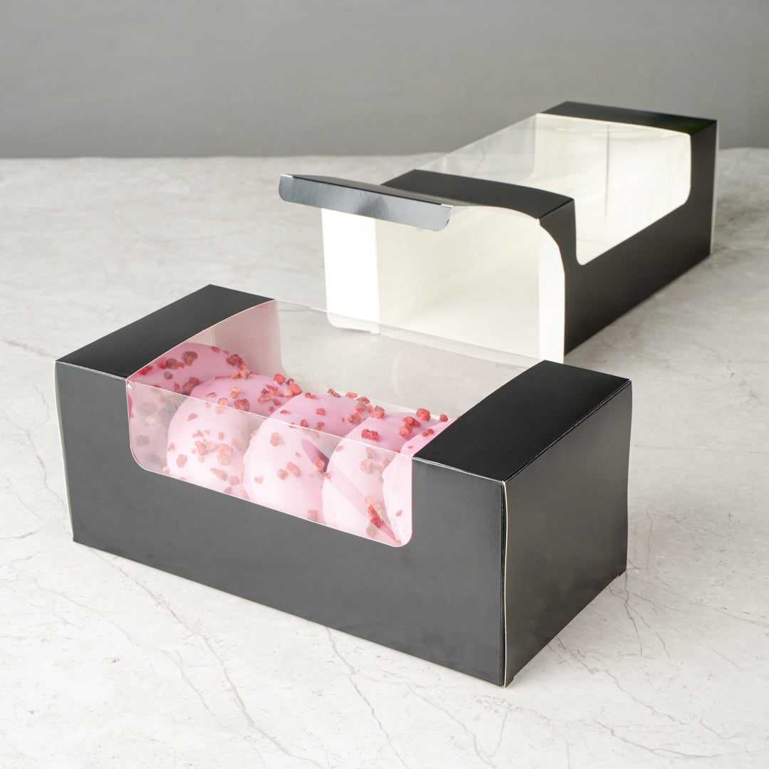 Pastry Tek Black Paper Pastry / Cake Box - with Window - 9 3/4" x 4 3/4" x 4" - 100 count box