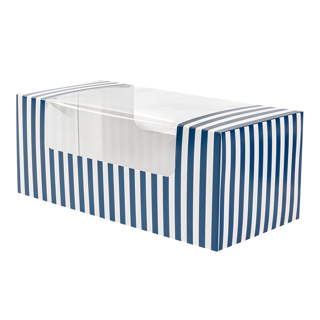 Pastry Tek Blue and White Stripe Paper Pastry / Cake Box - with Window - 9 3/4" x 4 3/4" x 4" - 100 count box