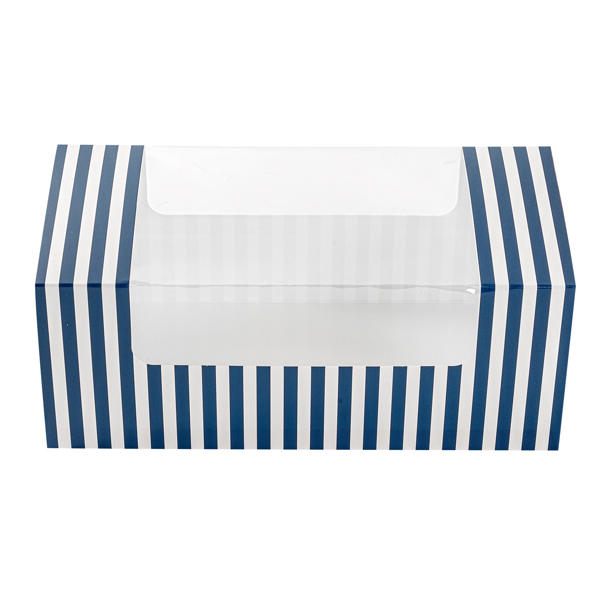 Pastry Tek Blue and White Stripe Paper Pastry / Cake Box - with Window - 9 3/4" x 4 3/4" x 4" - 100 count box