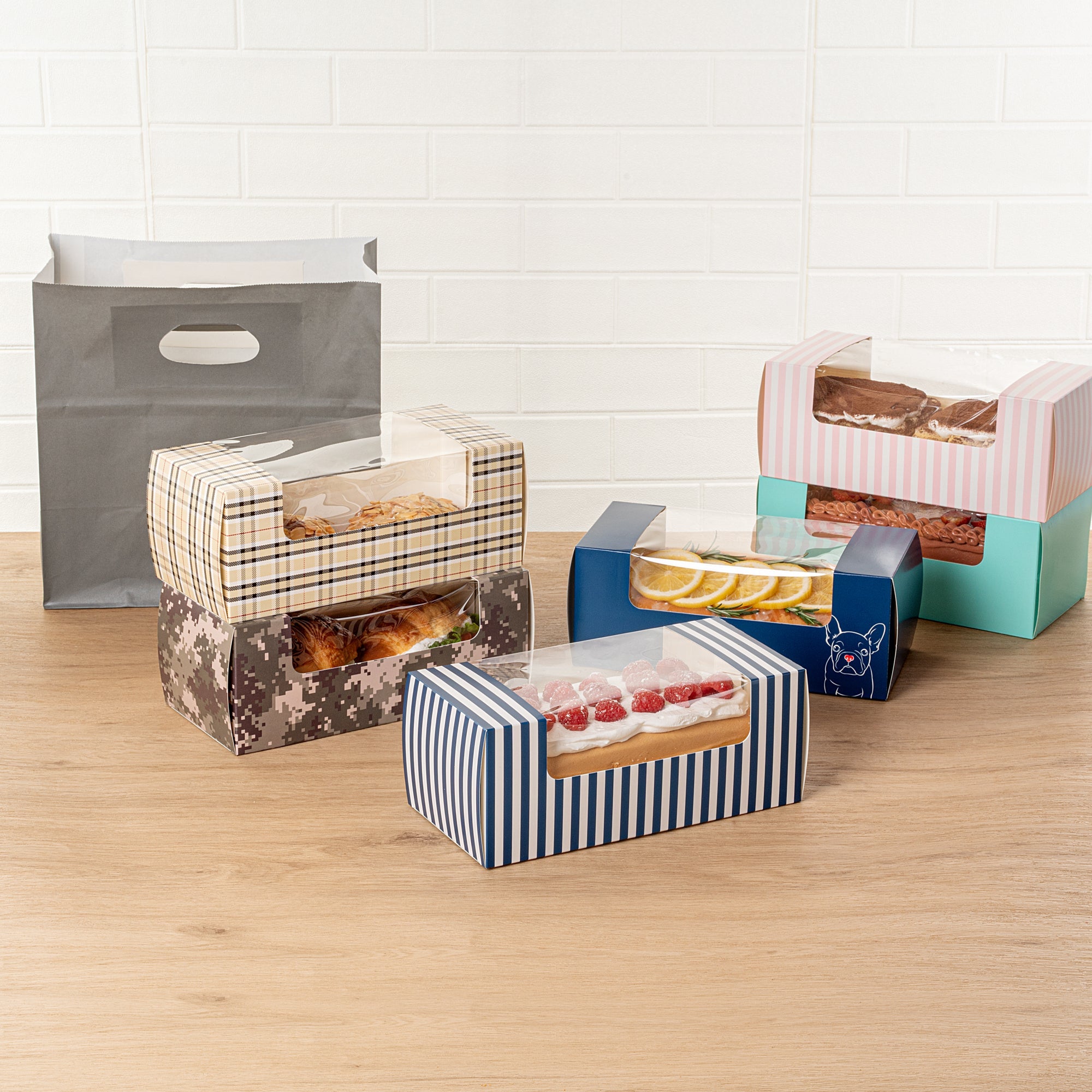 Pastry Tek Blue and White Stripe Paper Pastry / Cake Box - with Window - 9 3/4" x 4 3/4" x 4" - 100 count box