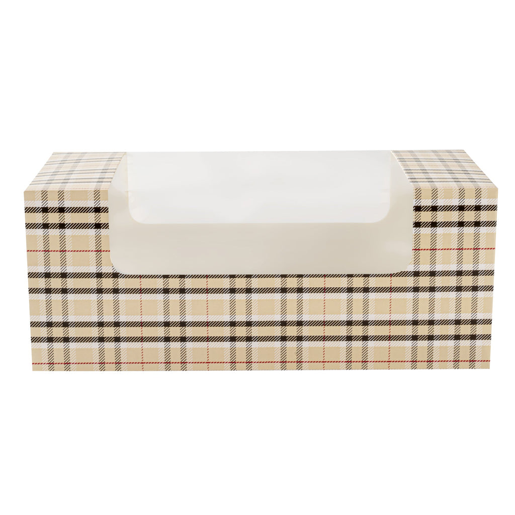 Pastry Tek Plaid Paper Pastry / Cake Box - with Window - 9 3/4" x 4 3/4" x 4" - 100 count box
