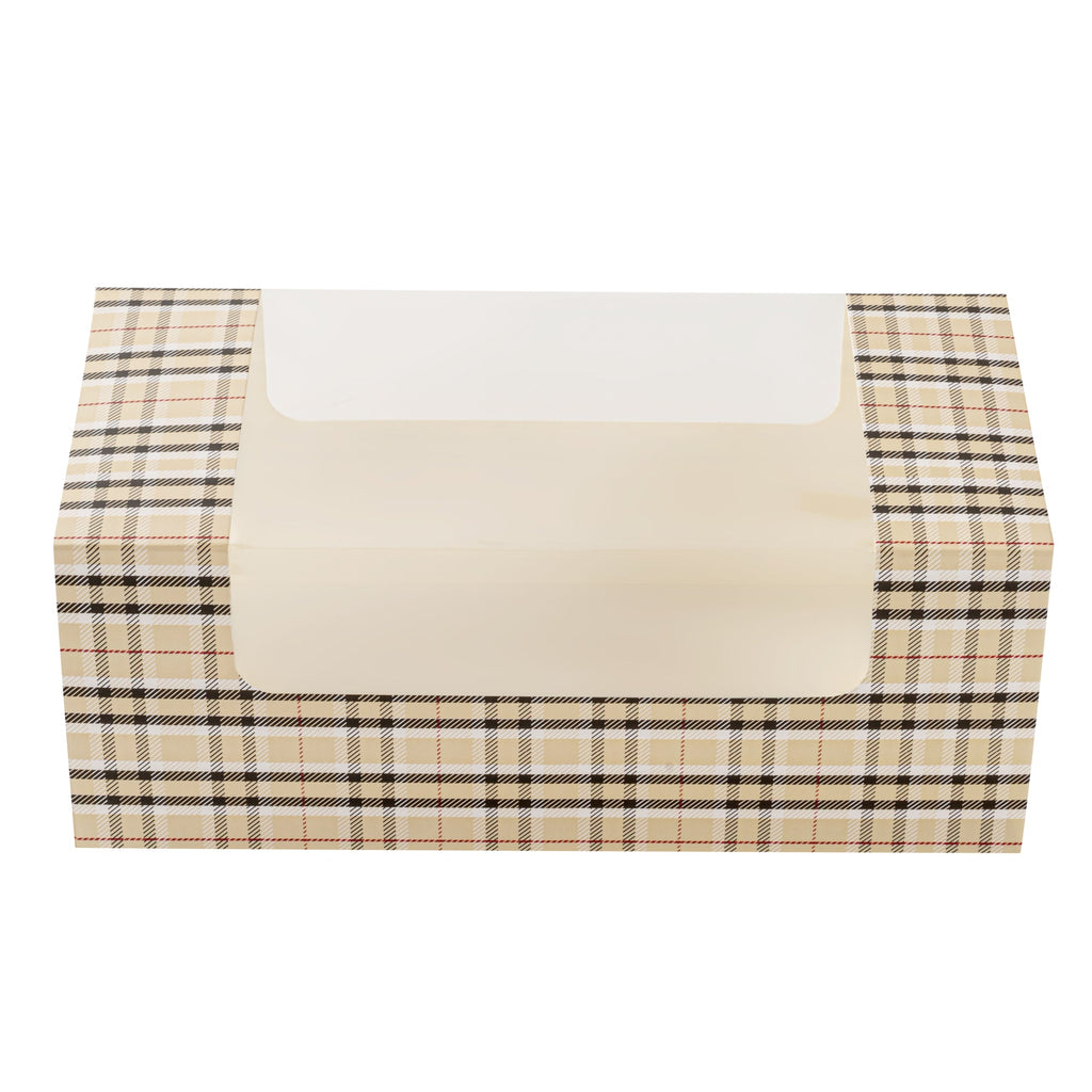 Pastry Tek Plaid Paper Pastry / Cake Box - with Window - 9 3/4" x 4 3/4" x 4" - 100 count box