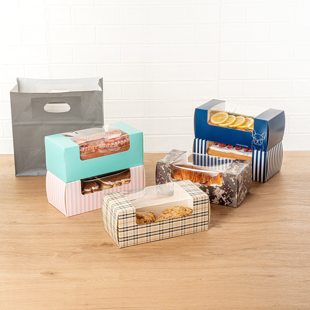 Pastry Tek Plaid Paper Pastry / Cake Box - with Window - 9 3/4" x 4 3/4" x 4" - 100 count box