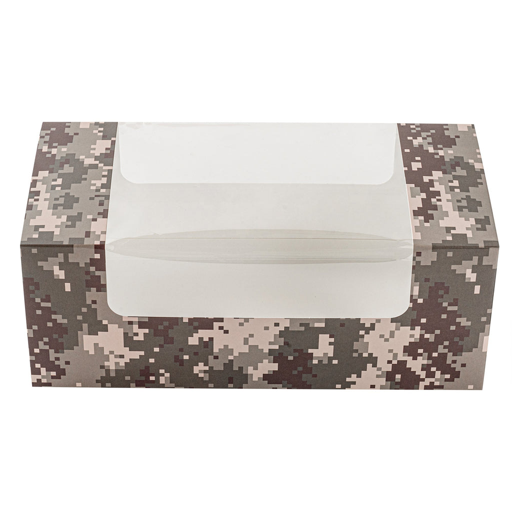 Pastry Tek Camouflage Paper Pastry / Cake Box - with Window - 9 3/4" x 4 3/4" x 4" - 100 count box