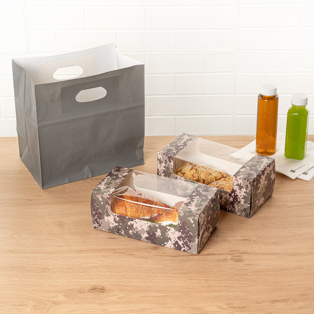 Pastry Tek Camouflage Paper Pastry / Cake Box - with Window - 9 3/4" x 4 3/4" x 4" - 100 count box