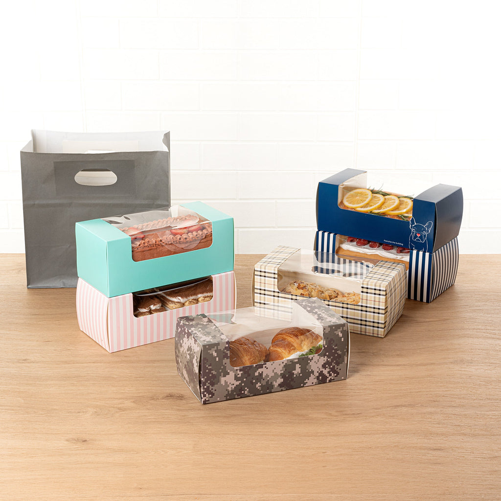 Pastry Tek Camouflage Paper Pastry / Cake Box - with Window - 9 3/4" x 4 3/4" x 4" - 100 count box