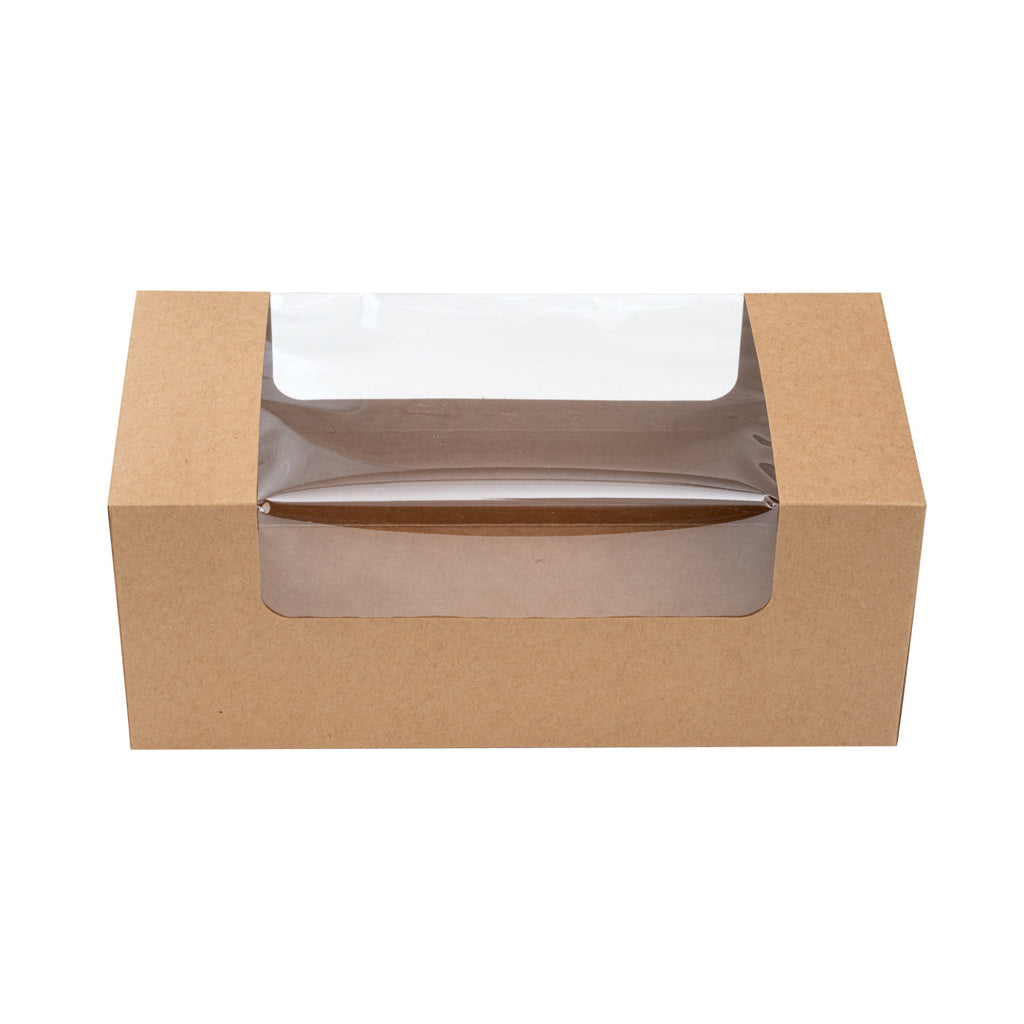 Pastry Tek Kraft Paper Pastry / Cake Box - with Window - 9 3/4" x 4 3/4" x 4" - 100 count box
